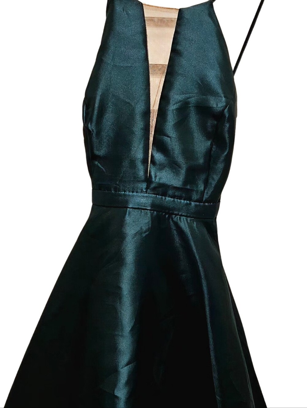 Sleeveless Deep Green Satin Fit-and-Flare Dress with Plunge Neck
